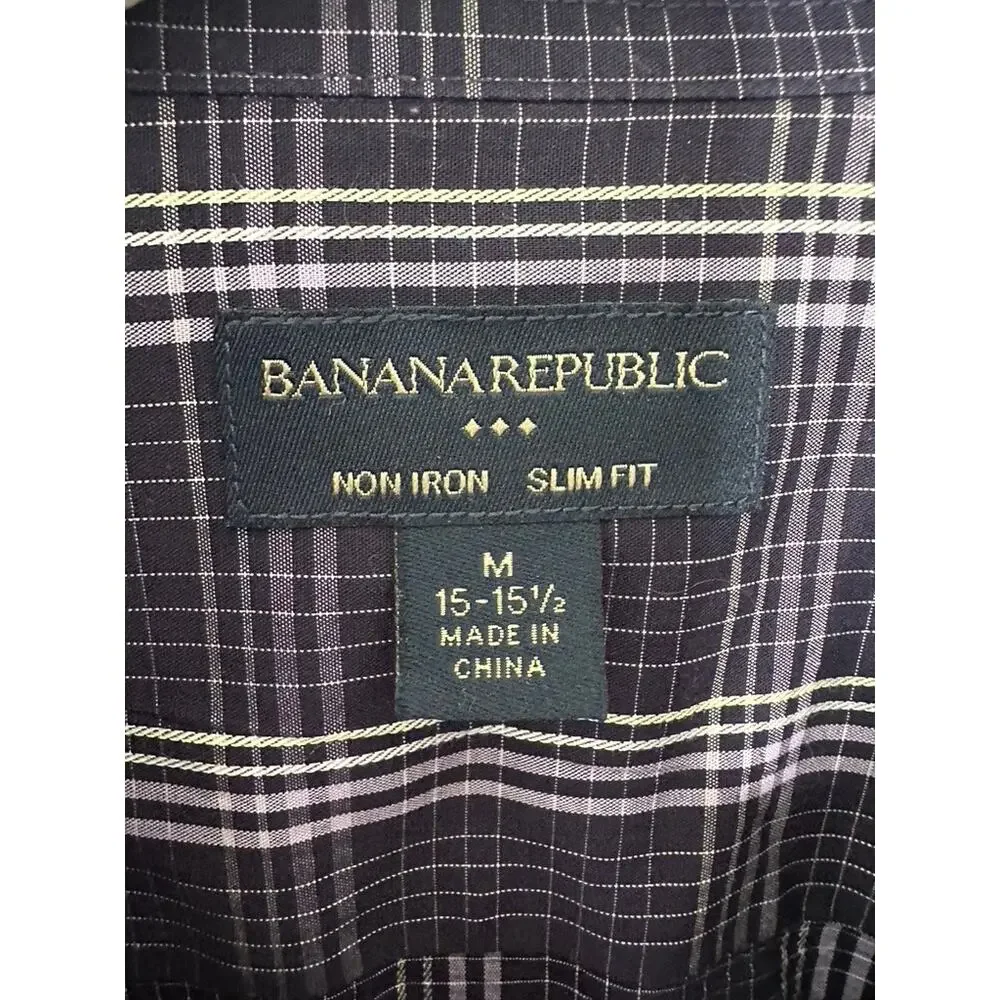 Banana Republic Non Iron Slim Fit Button Down Shirt Black Plaid Medium 15-15.5
